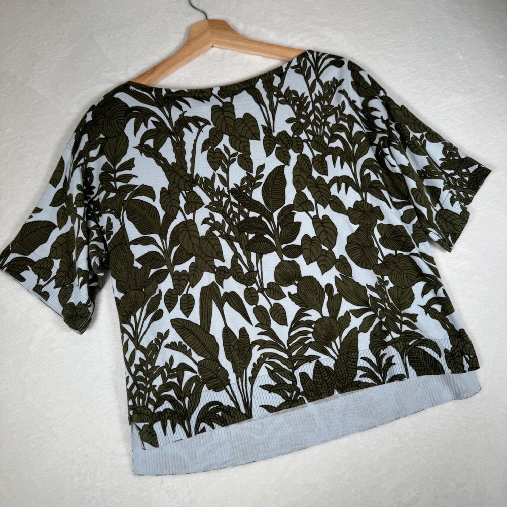 Ann Taylor Wmns Small Cotton Tropical Leaf Print Short Sleeve Sweater Blue Green